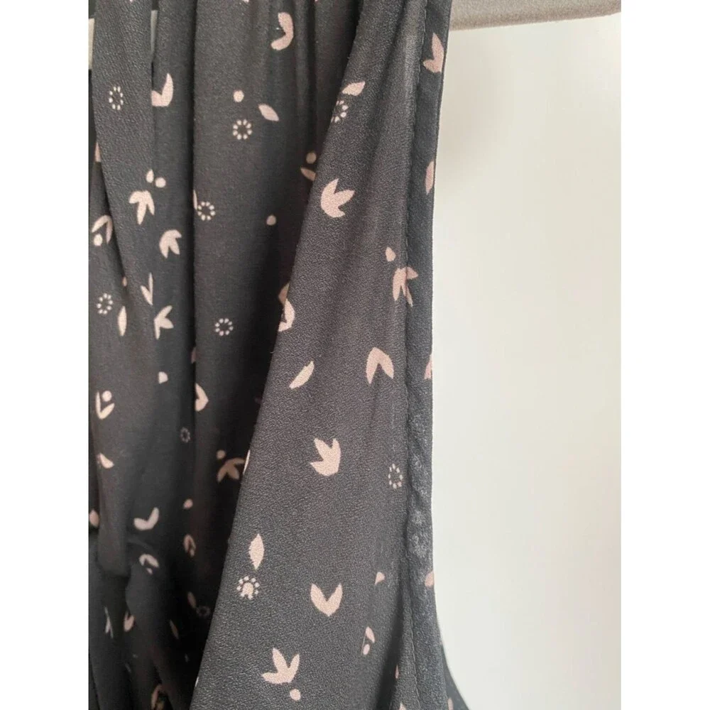 Free People High Low Hem Tank Top Black Sleeveless Printed Blouse Tie Womens L